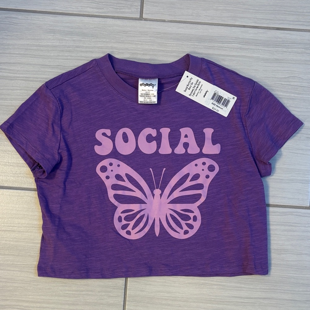 Girls NWT Purple "Social" Butterfly Kids Graphic Tee - Youth